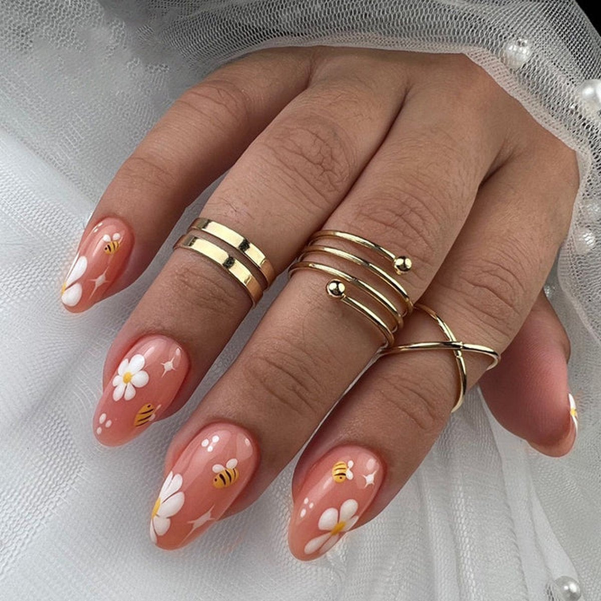 Press on Nails - Roze Oranje Floral - Almond